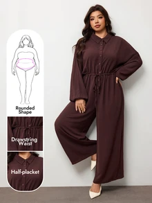 Enliva Plus Size Collared Drawstring Waist Wide Leg Jumpsuit Apple Homewear Going Out Corset Retro - Brown - View 1
