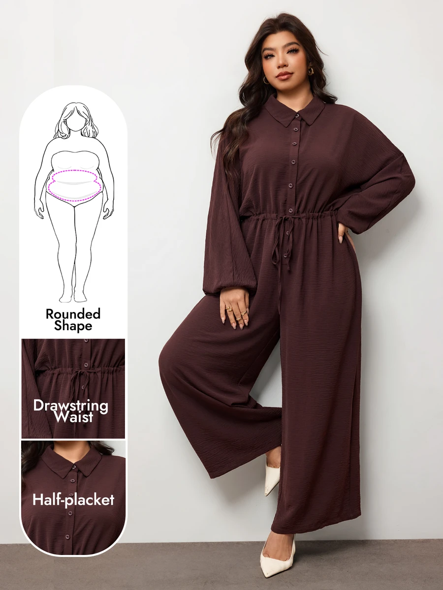 Enliva Plus Size Collared Drawstring Waist Wide Leg Jumpsuit Apple Homewear Going Out Corset Retro - Brown - View 1