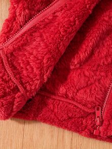SHEIN 女童純色拉鍊夾克，附保暖內裡與刺繡，舒適百搭秋冬外套 - 紅色 - 查看 7