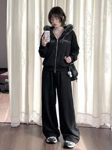 DAZY Women's Casual Long Sleeve Hoodie & Long Pants 2 Pieces Set, Korean Style - Black - View 6