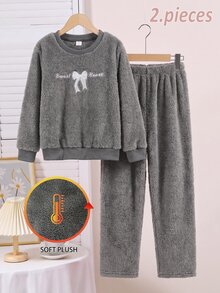 SHEIN 女童居家服大童女孩字母蝴蝶結刺繡長袖上衣搭配毛茸茸長褲休閒優雅家居服套裝 - 灰色 - 查看 10