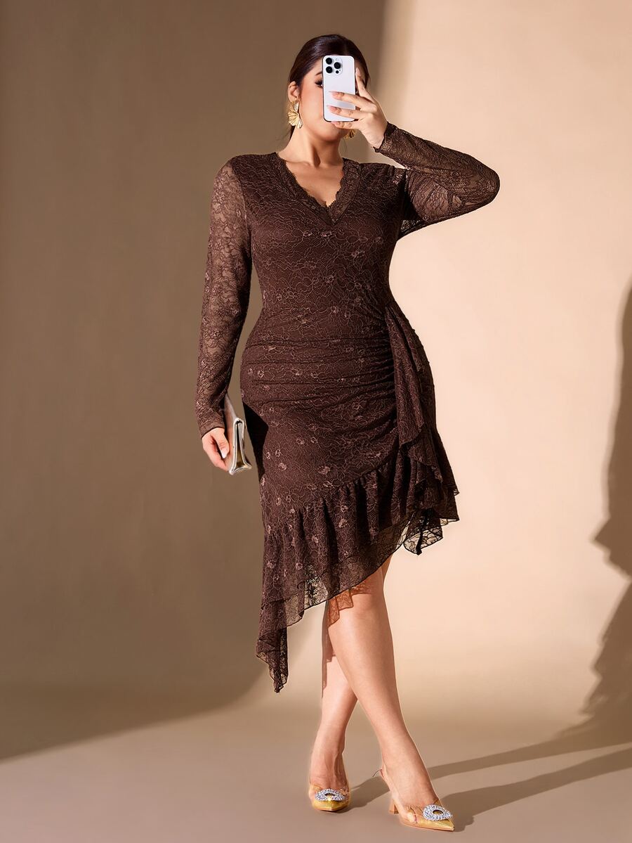Cravure French Vintage Elegant Fashion Casual Lace Patchwork V-Neck Mesh Asymmetrical Ruffle Hem Brown Dress - Brown - View 1