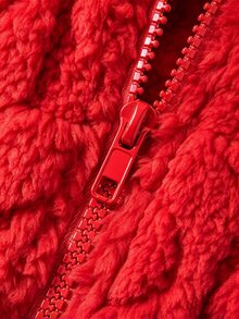 SHEIN 女童純色拉鍊夾克，附保暖內裡與刺繡，舒適百搭秋冬外套 - 紅色 - 查看 6