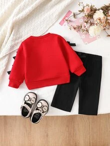 SHEIN 2件組女嬰幼兒女童衛衣長褲套裝，甜美紅黑配色，3D蝴蝶結，長袖圓領，常規款冬季嬰兒套裝 - 紅色 - 查看 2
