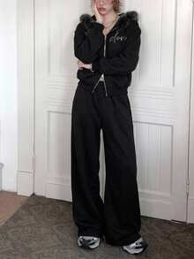 DAZY Women's Casual Long Sleeve Hoodie & Long Pants 2 Pieces Set, Korean Style - Black - View 1