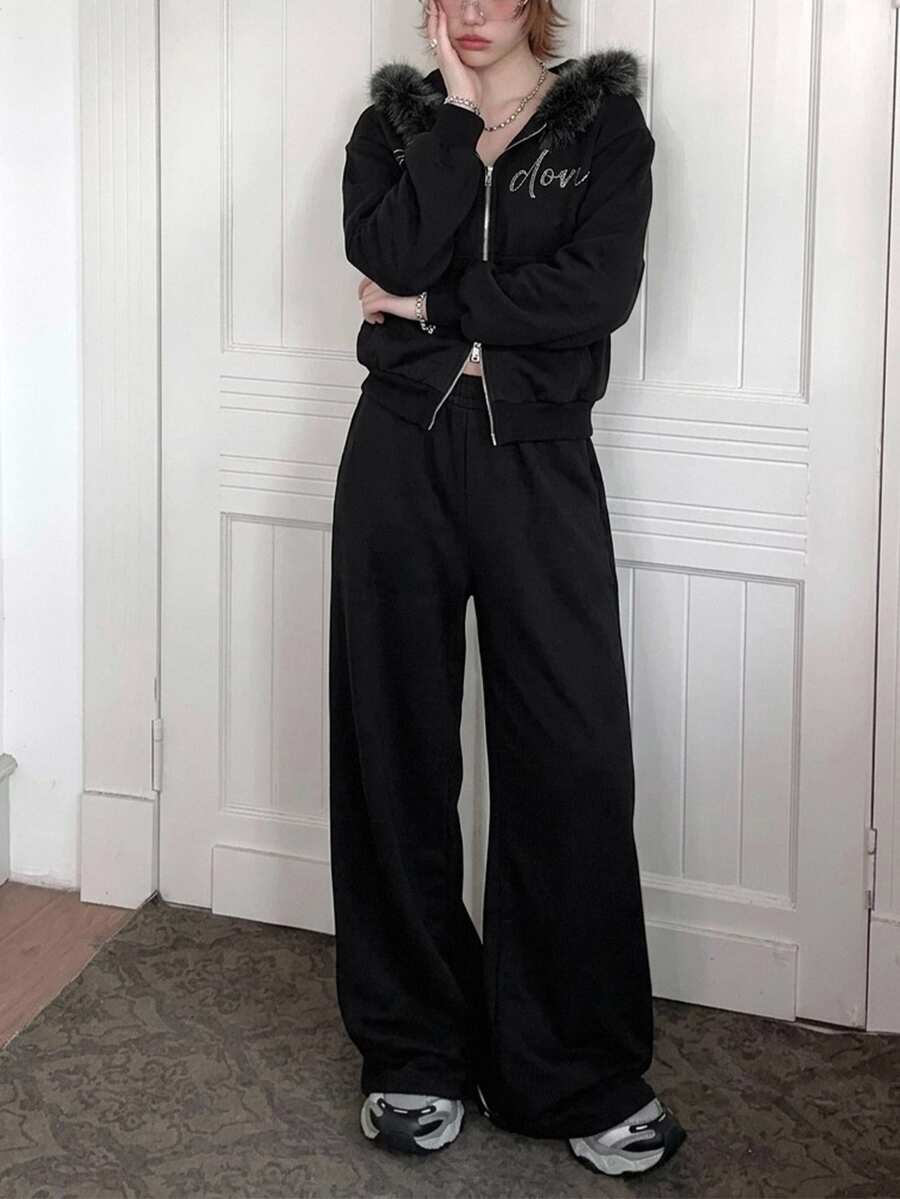 DAZY Women's Casual Long Sleeve Hoodie & Long Pants 2 Pieces Set, Korean Style - Black - View 1
