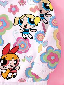 THE POWERPUFF GIRLS X SHEIN 女嬰花卉卡通角色印花長袖寬鬆圓領衛衣，春秋休閒款 - 白色 - 查看 5