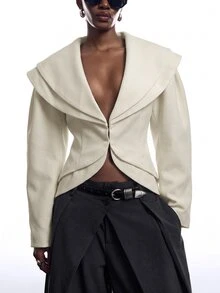 LYSMO Women's Elegant Lapel Long Sleeve Blazer - Apricot - View 4