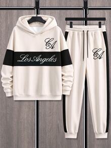 HypeHours 歐美風男士經典休閒百搭 CA/Los Angeles 字母印花杏色拼接黑色套頭運動衫與束口運動長褲 2 件套，休閒運動套裝 - 彩色 - 查看 3