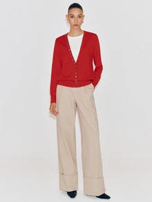 Anewsta Essential Women Elegant Fake Two Pieces Patchwork V Neck Knit Pullover Cardigan, Asymmetrical Diagonal Button Long Sleeve Knitwear, Autumn Winter Christmas & Bla - Red - View 2