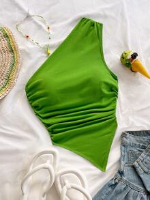 Soleia Women's Cotton Asymmetrical Hem One-Shoulder Top For Summer Vacation - Green - View 3