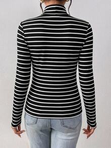 SHEIN Frenchy 94%棉 黑白條紋女款休閒高領修身長袖T恤，適合秋冬疊穿 - 彩色 - 查看 2