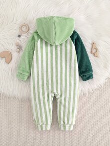 Baby Boy Cartoon Animal Print Long Sleeve Plush Hooded Romper - Green - View 2
