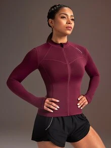 Powerista 女款字母印花拉鍊運動外套，高彈性健身訓練外套，適合重量訓練、運動休閒日常穿著 - 紅色 - 查看 3