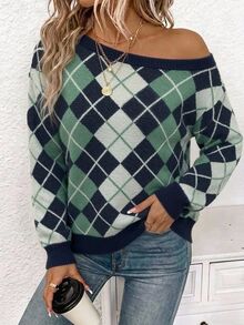 EMERY ROSE كنزة نسائية كاجوال متعددة الاستخدامات بأكمام طويلة بنقشة شبكة ماسية لفصلي الخريف والشتاء - متعدد الألوان - مشاهدة 3