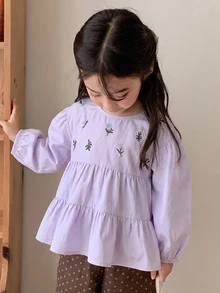 Dazy Kids 少女時尚刺繡荷葉邊下擺襯衫 - 紫色 - 查看 1