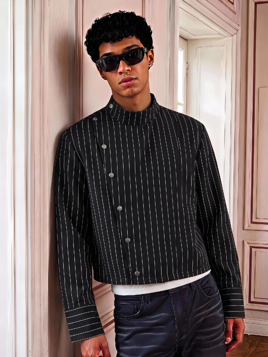 SWAVVY Men's Woven Fashion Casual Loose Long Sleeve Zip-Up Shirt - Black - View 1