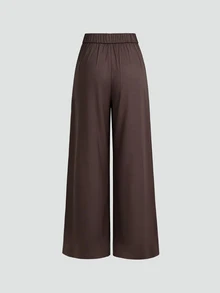 Sweetra CURVE Plus Size Women's Elegant Solid Color Decorative Button Long Wide Leg Casual Pants - Brown - View 2