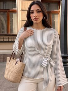 Easura Plus Size Women's Striped Casual Everyday Top - Apricot - View 5