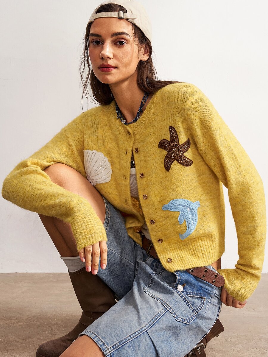 Bohemela Women's Starfish & Shell Decor Casual Everyday Sweater - Yellow - View 1