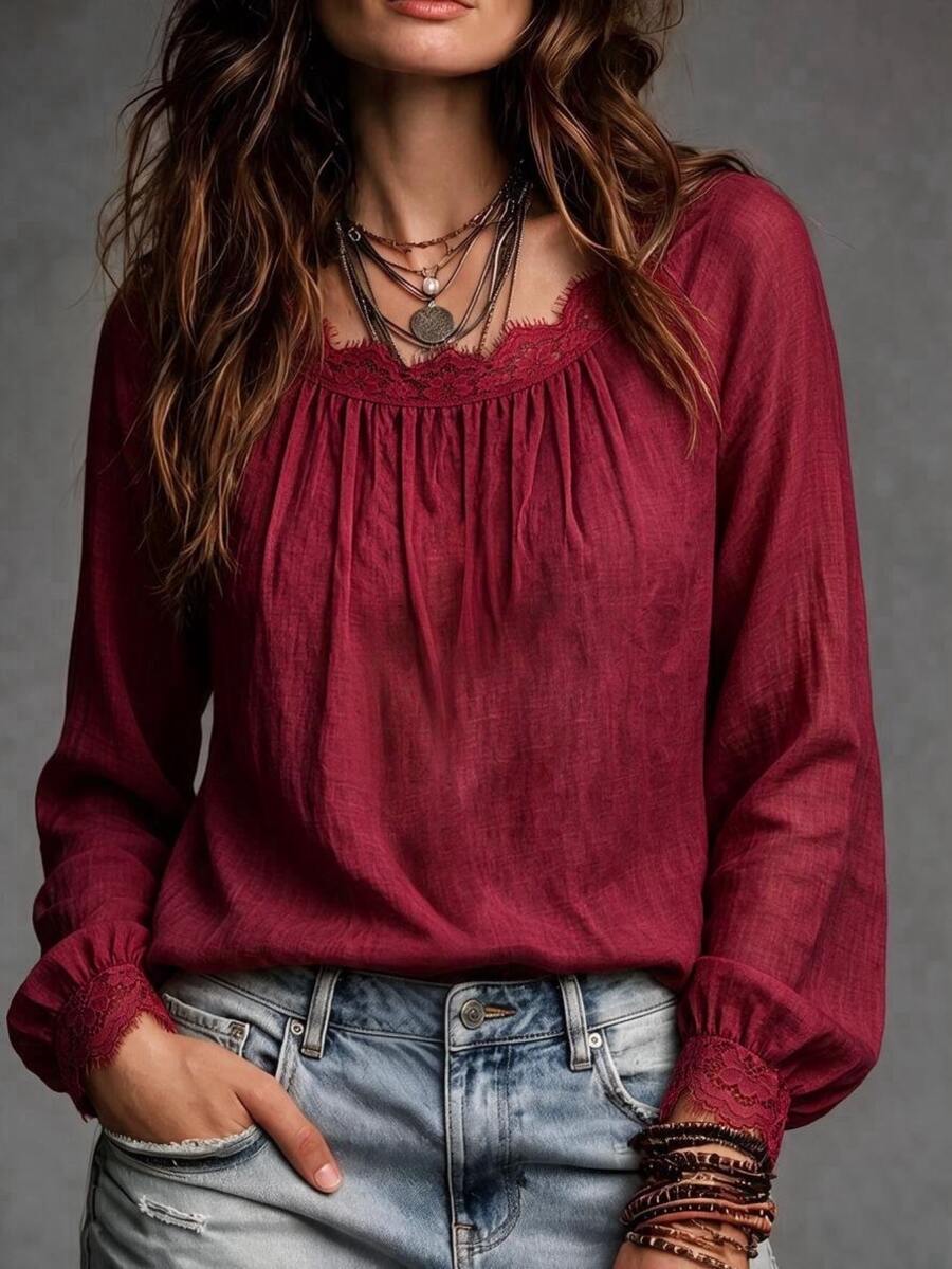 Breezaya Plus Size Women's Fashion Elegant Lace Patchwork Pleated Blouse - Burgundy - View 1