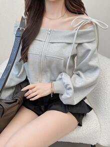 FRIFUL 女款純色露肩細肩帶休閒衛衣 秋季外出穿著 淺灰色 Y2K 性感風 - 灰色 - 查看 4