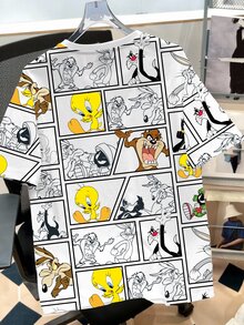 LOONEY TUNES X SHEIN Daypath 男士全印花休閒百搭日常短袖T恤 - 白色 - 查看 2