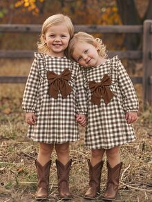 SHEIN Baby Girl Casual Comfortable Everyday Versatile Brown Plaid Bow Long Sleeve Dress - Brown - View 7