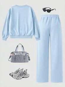 SHEIN Tween女孩美式字母印花衛衣與寬腿褲2件套，寬鬆圓領長袖上衣＋垂墜直筒褲，柔軟針織面料，春秋休閒灰色運動服 - 藍色 - 查看 2
