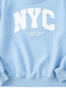 SHEIN Tween女孩美式字母印花衛衣與寬腿褲2件套，寬鬆圓領長袖上衣＋垂墜直筒褲，柔軟針織面料，春秋休閒灰色運動服 - 藍色 - 查看 3