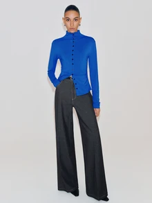 Anewsta Essential Elegant Blue Women's Knitted Rayon Slim Fit Button-Down Cardigan Top For Daily Commute In Autumn - Blue - View 3