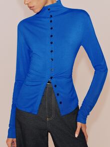 Anewsta Essential Elegant Blue Women's Knitted Rayon Slim Fit Button-Down Cardigan Top For Daily Commute In Autumn - Blue - View 7