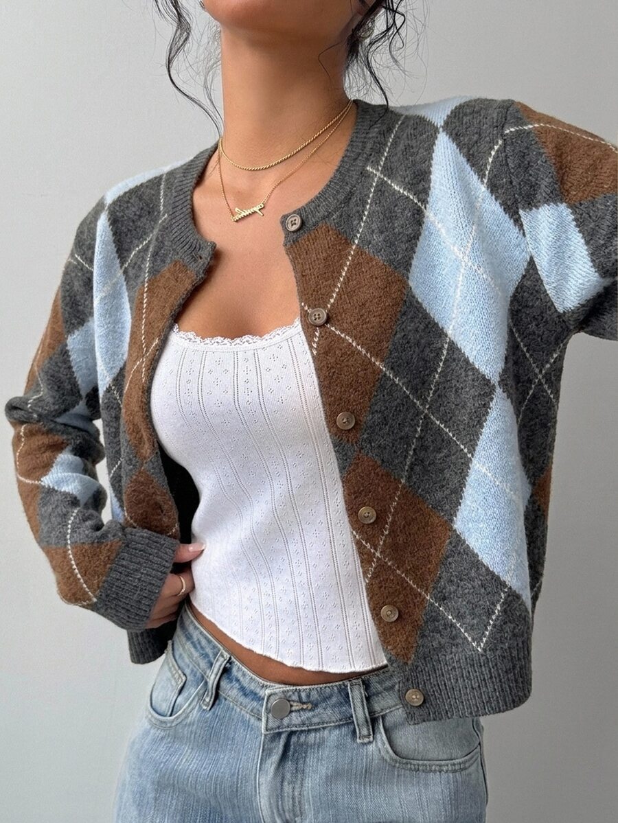 SHEIN BASICS 女款休閒針織開襟衫 格紋開襟衫 秋冬女裝