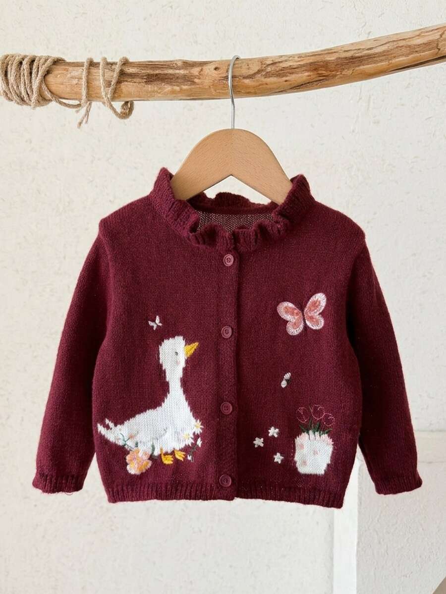 SHEIN 女嬰百搭甜美刺繡單排扣長袖針織秋季開襟衫 - 酒紅色 - 查看 1