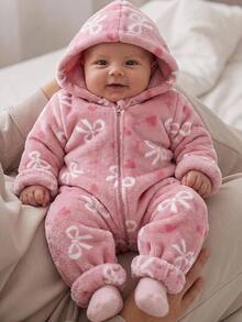 Cozy Pixies 女嬰休閒蝴蝶結圖案毛絨連帽連身衣 長袖拉鍊連身褲 抓絨連身衣 一件式套裝 嬰兒幼兒冬季衣物 - 彩色 - 查看 4