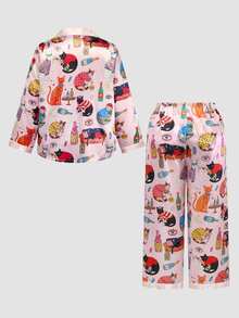 Chillnights Plus Size Women's All-Over Print Long Sleeve Top And Pants Casual Daily Home Sleepwear Set - Multicolor - View 2