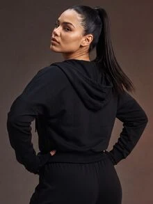 Powerista Women's Plus Size Solid Color Casual Versatile Daily Wear Hooded Sports Jacket - Black - View 2