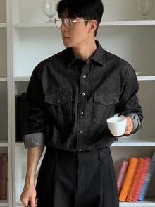 DAZY Spring/Autumn Black Original Color Denim Washed Distressed Shirt Jacket For Men - Black - View 3