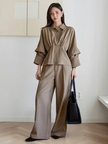 Dazy-Less Bộ 2 món áo sơ mi và quần dài nữ màu trơn thiết kế xếp ly phong cách thường ngày - Cà phê nâu - Xem 1