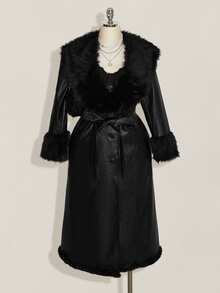 SHEIN ICON Plus Size Women's Fashion Versatile Winter Faux Fur Coat - Black - View 1