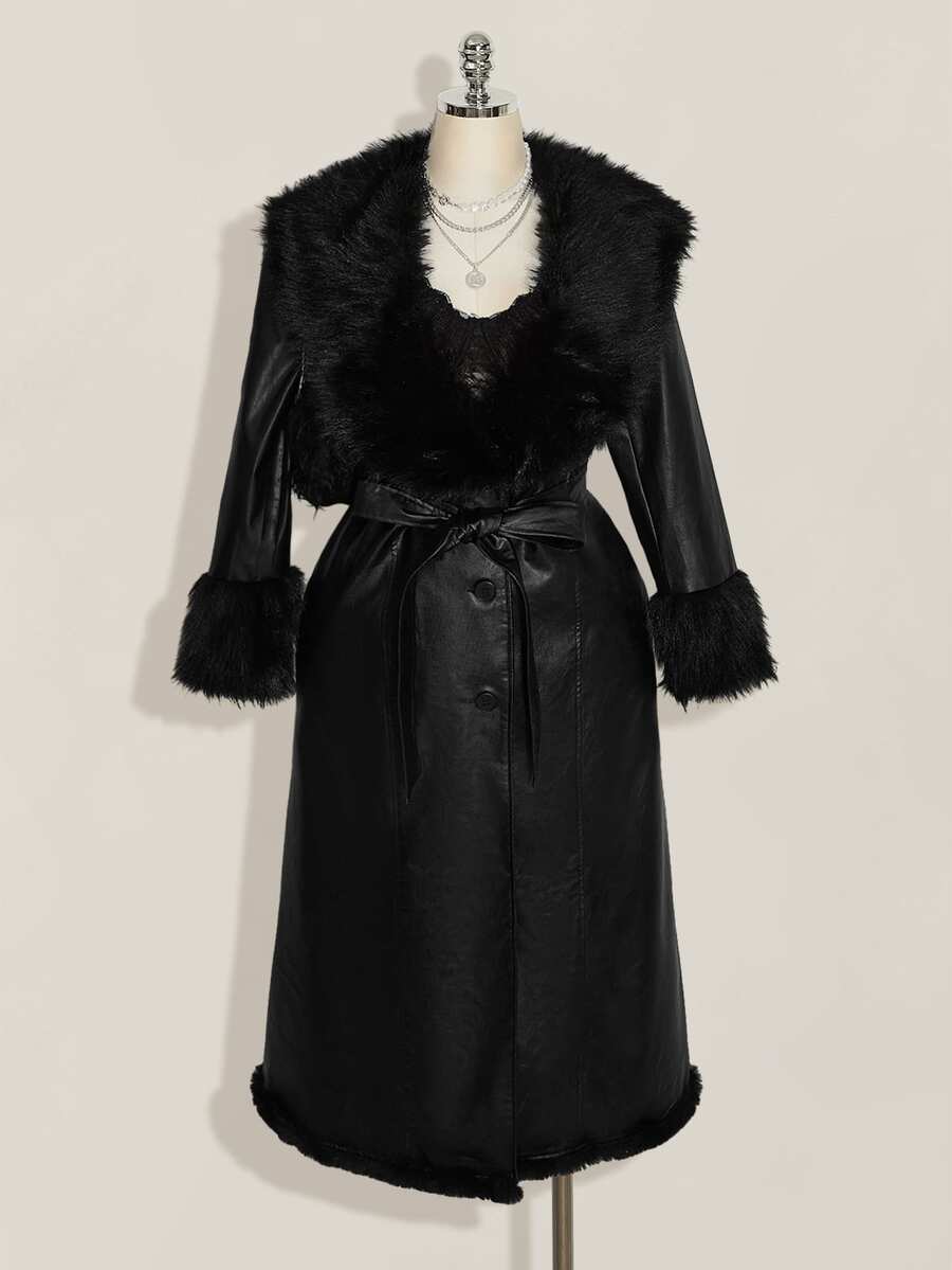 SHEIN ICON Plus Size Women's Fashion Versatile Winter Faux Fur Coat - Black - View 1