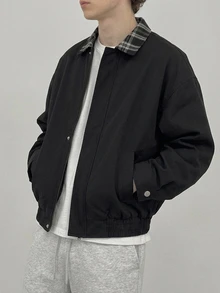 DAZY Spring/Autumn Black Patchwork Plaid Fabric Collar Korean Style Men's Jacket - Black - View 2