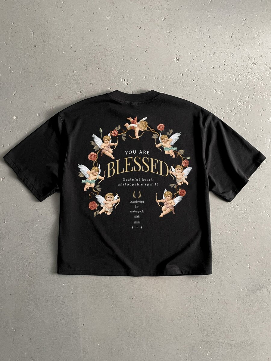 Swayrox 男士黑色標準版短版寬鬆短袖T恤,You Are Blessed標語配小天使與玫瑰藤蔓圖案 - 黑色 - 查看 1