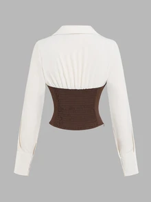 Sweetra Colorblock Long Sleeve 2 In 1 Bandeau Blouse & Loose Straight Leg Pants, Elegant Commute Office Women's Suit Two Pieces Set, Spring/Autumn - Brown - View 4