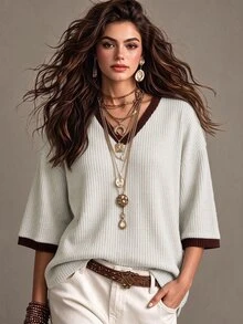 INAWLY Women's Colorblock Casual Daily Wear Top - Apricot - View 1