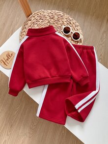 Cozy Pixies 女嬰標語印花拉鍊半開襟運動衫與運動長褲休閒套裝 - 紅色 - 查看 3