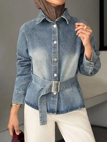 DAZY Women's Raglan Sleeve Single-Breasted Casual Denim Jacket - Blue - View 1