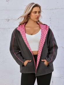 Voyena Plus Size Women's Grey & Pink Hooded Sweatshirt Jacket, Zipper Pocket Sweatshirt, Polka Dot Print Sweatshirt Winter - Grey - View 4
