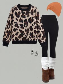 Girls' Leopard Print Round Neck Sweater, Loose Animal Pattern Long Sleeve Knit Pullover, Casual Street Style Autumn/Winter Top - Multicolor - View 4