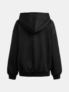 SHEIN 青少年女孩秋冬黑色對比色保暖內裡休閒寬鬆套頭運動衫，極簡設計，適合休閒與運動 - 黑色 - 查看 2